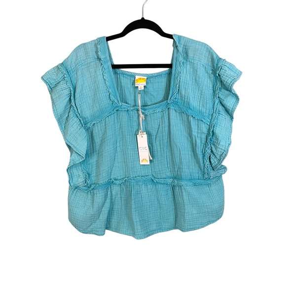C&C California Blue Cotton Square Flutter Ruffle Sleeve Peplum Blouse Large NWT - Picture 1 of 10